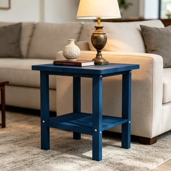 Adirondack Outdoor Side Table, 16" x 13", Plastic, Outside End Table for Patio, Pool, Porch, Backyard, Indoor, 2-Tier Storage Shelf, All Weather Resistant, Easy Maintenance, Navy Blue