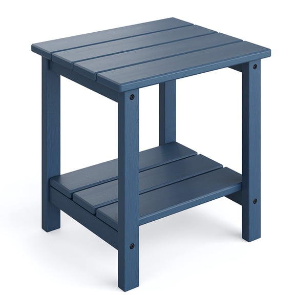 Adirondack Outdoor Side Table 18 x 15 In, 2-Tier HDPE Patio End Table, All Weather Square Accent Table with Embossed Wood Grain for Outside Deck Garden Poolside Backyard, Blue