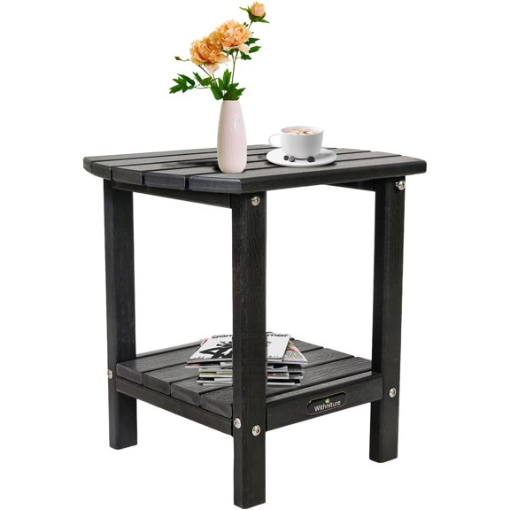 Adirondack Outdoor Side Table, 2-Tier Storage Patio Side Table, HDPE End Tables, Pool Composite Patio Table for Backyard Porch Garden Lawn (Black)