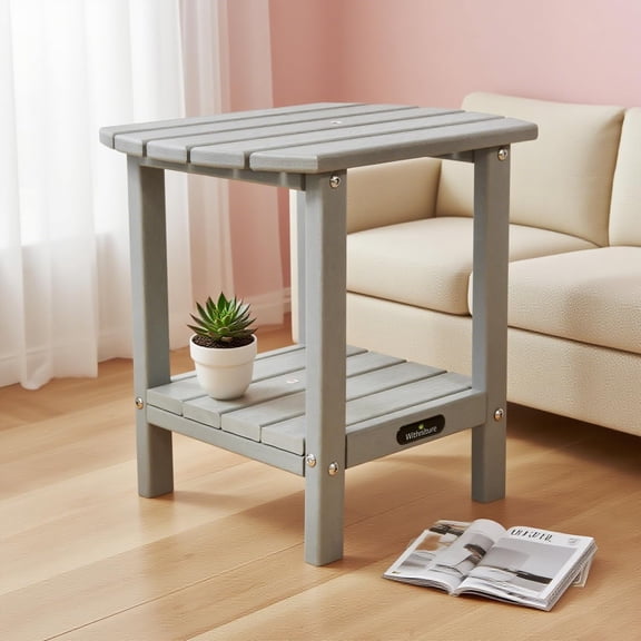 Adirondack Outdoor Side Table, 2-Tier Storage Patio Side Table, HDPE End Tables, Pool Composite Patio Table for Backyard Porch Garden Lawn (Gray)