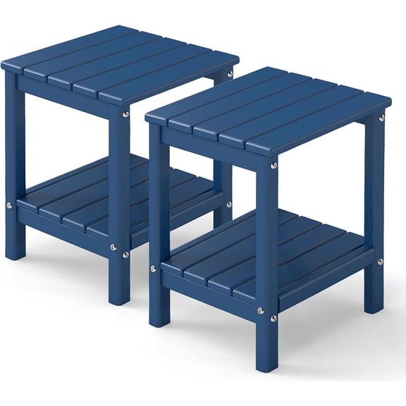 Adirondack-Outdoor-Side-Table | Set of 2 | 14 x 13 Inches | HDPE Plastic | All Weather | Blue | Outside End Tables | Storage Shelf | for Patio Porch Backyard Indoor