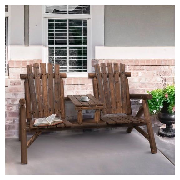 Adirondack Patio Bench with Table, Outdoor Loveseat for 2, Carbonized Fir Wood Garden Furniture for Porch, Deck, Backyard