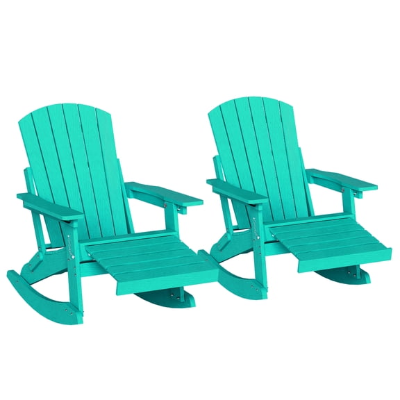 Adirondack Rocking Chair Set of 2 with Retractable Ottoman, 4-in-1 HDPE Wood Texture Adirondack Rocker Patio Rocking Chair for Patio, Porch, Aqua