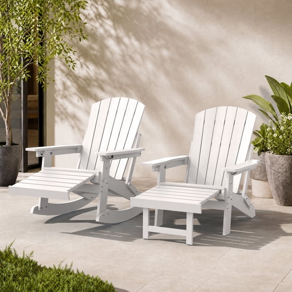 Adirondack Rocking Chair Set of 2 with Retractable Ottoman, 4-in-1 HDPE Wood Texture Adirondack Rocker Patio Rocking Chair for Patio, Porch, White