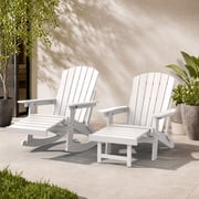 Adirondack Rocking Chair Set of 2 with Retractable Ottoman, 4-in-1 HDPE Wood Texture Adirondack Rocker Patio Rocking Chair for Patio, Porch, White