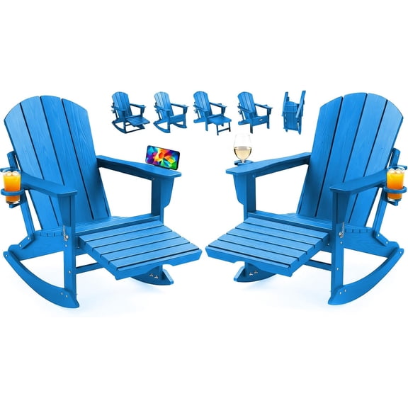 Adirondack Rocking Chairs Set of 2, Foldable All-Weather HDPE Patio Rockers with Retractable Ottoman & Cup Holder, Outdoor Chairs for Porch Backyard Pool Garden Balcony, Blue