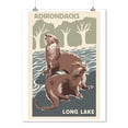 thumbnail image 1 of Adirondacks, Long Lake, New York - River Otters - Woodblock - Lantern Press Artwork (9x12 Art Print, Wall Decor Travel Poster), 1 of 1