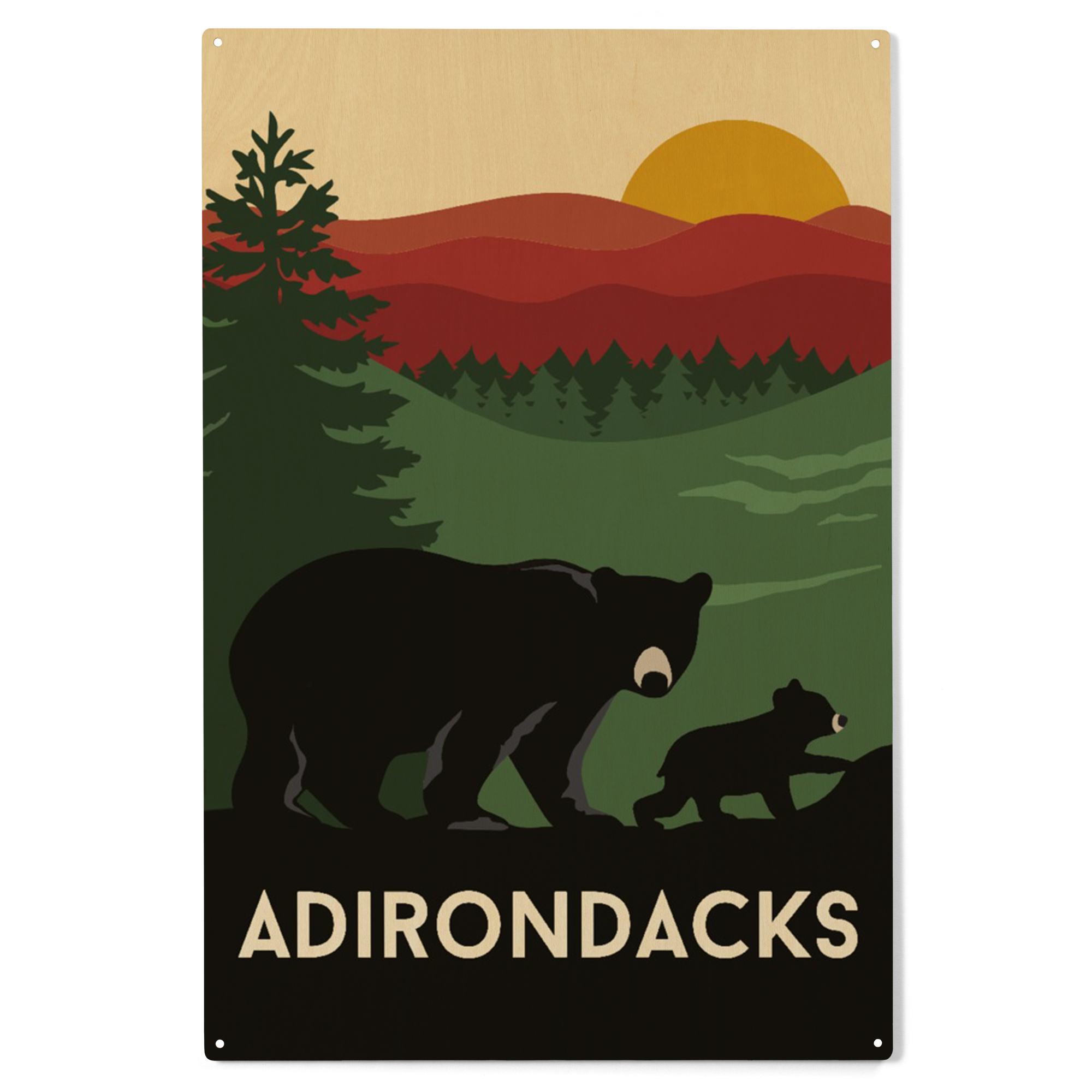 Adirondacks, New York, Bear and Cub, Fall Colors Birch Wood Wall Sign ...