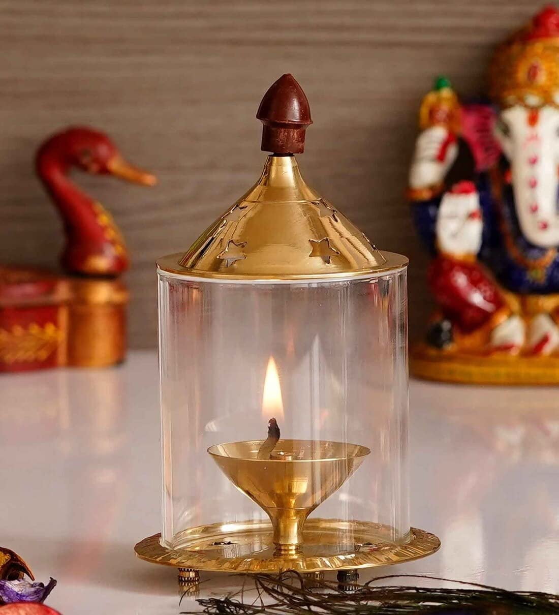 Decorative Brass Star Shape akhand Oil Diya/Lamp Puja Brass Oil Lamp Pooja Essential Indian Traditional Festival Laxmi Poojan New years Gifts Decorations Home Decor (Size:-L;3 Inch,H;5 Inch)(Golden)