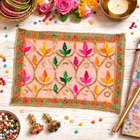 Decorative Chunari Netted Cloth Chunari Cloth (Size:- 36"x 18") Puja Chunar Chunari Aasan Mat for Indian Traditional Cultural Festival Diwali Decorations Statue Frame Idol Temple(Multicolor)