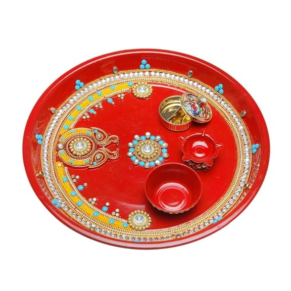 Aditri Creation Pooja Thali Plate Platter Engagement Plate Decorative Stainless Steel Puja Thali with Essential Pooja Articles for Indian Traditional Festival (Size-10")(Red)