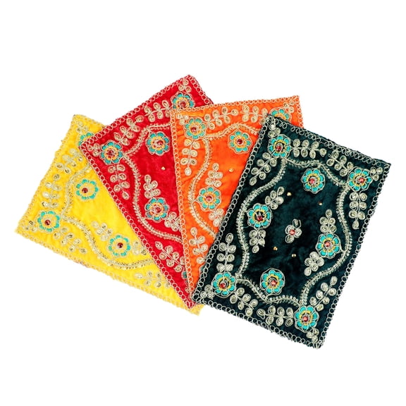 Aditri Creation Set of 6 Small Mat Aasan Velvet Pooja Cloth Cloth (Size:-9 Inches X 6 Inches) for Multipurpose Indian Traditional New Year Decorations & Pooja Article (Red, Yellow, Green and Orange)