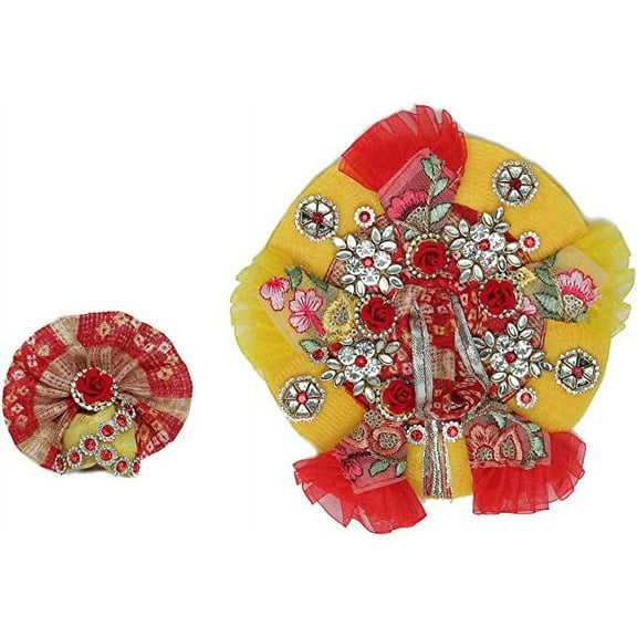 Aditri Creation Yellow Red Designer Cloth for Lord Krishan Ladu Laddu Gopal Kanaiya Bal Krishna Handwork Dress Poshak Vastra for Little Metal Idol Statue (Size:- 6" Diameter)