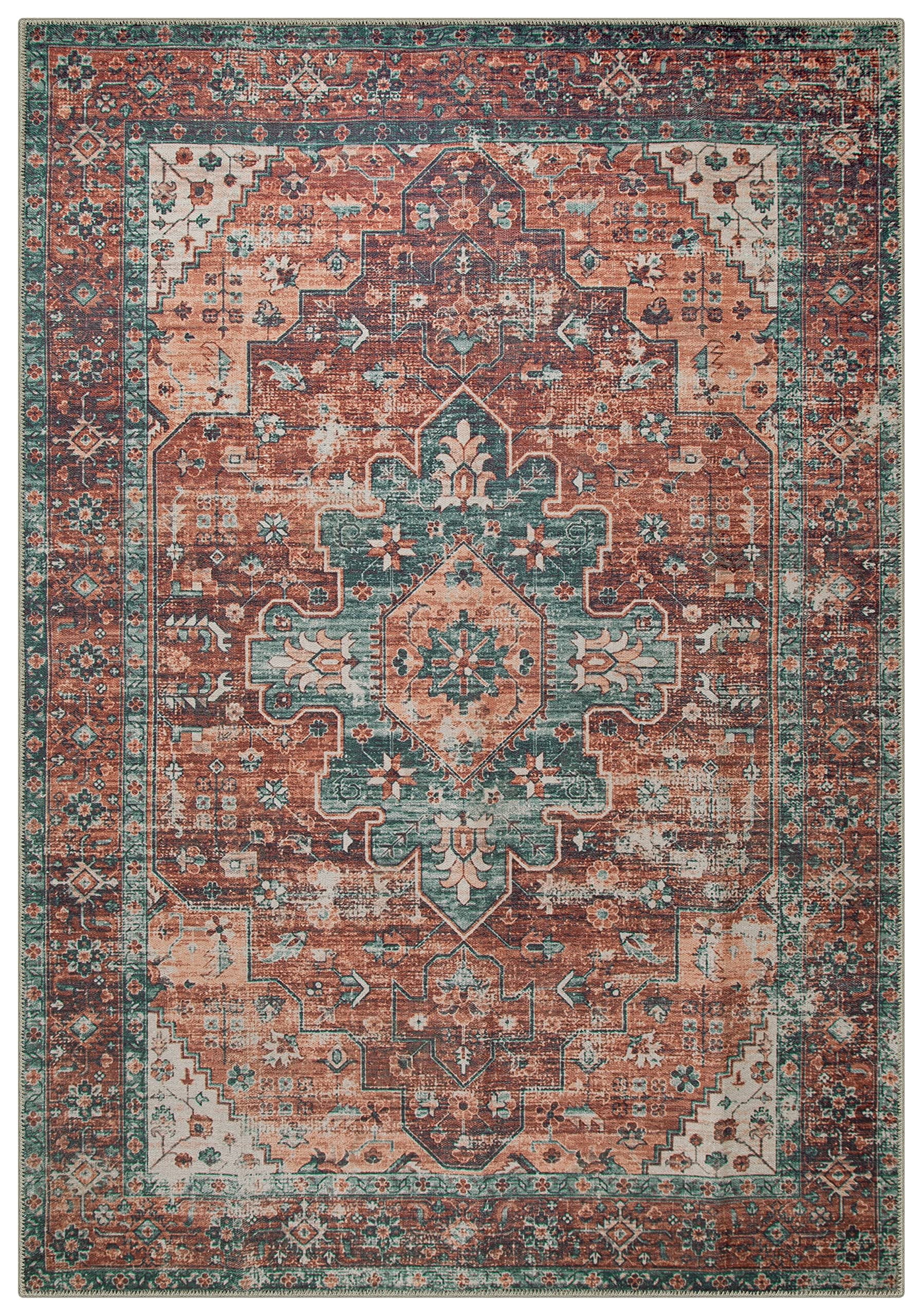 Adiva Rugs Machine Washable Area Rug for Living Room, Bedroom, Bathroom, Kitchen, Printed Vintage Home Decor, Floor Decoration Carpet Mat (Terra