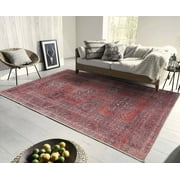 Adiva Rugs Machine Washable Area Rug with Non Slip Backing for Living Room, Bedroom, Bathroom, Kitchen, Printed Persian Vintage Home Decor, Floor Decoration Carpet Mat (RED/Brown, 4' x 6')