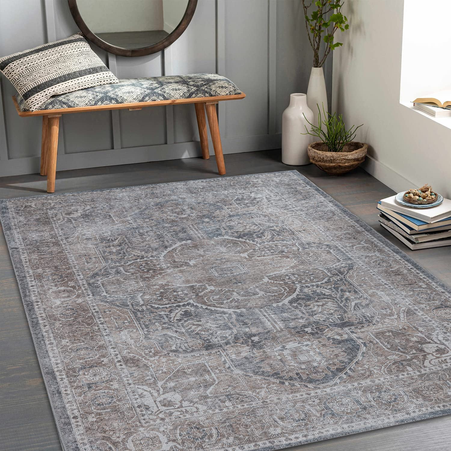 Adiva 4' x 6' Vintage Washable Area Rug with Non-Slip Backing