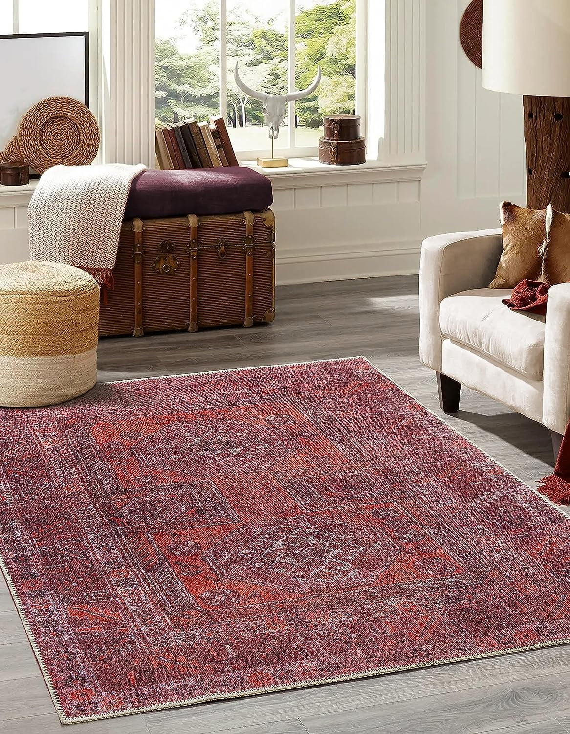 Red and Brown Machine Woven Cotton Backing Area Rug