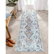 Adiva Rugs Machine Washable Area Rug with Non Slip Backing for Living Room, Bedroom, Bathroom, Kitchen, Printed Persian Vintage Home Decor, Floor Decoration Carpet Mat (Multi/Blue, 2'6" x 13')