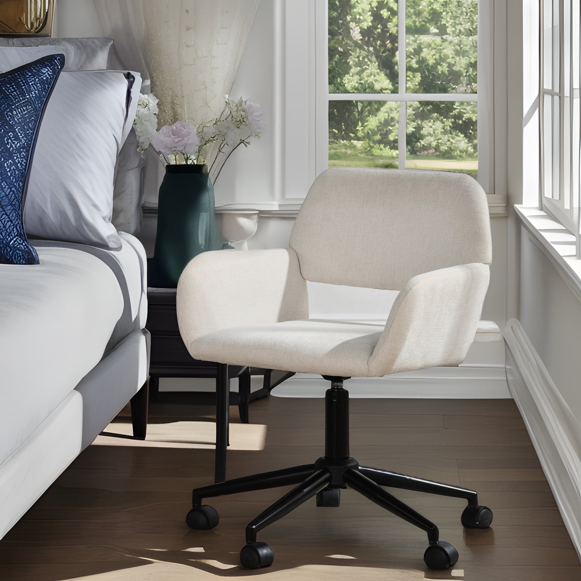 Adjsutable Study Desk Chair, Upholstered Fabric Mid Back Home Office Computer Task Chair with Rolling Caters for Make-up, Vanity, Living Room, Bedroom