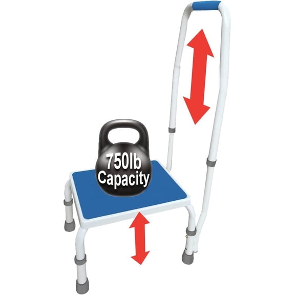 AdjustaStep BARIATRIC Deluxe Step Stool/Footstool with Handle/Handrail, Height Adjustable. 2 Products in 1. Modern White/Blue Design. Padded Non-Slip Handle. 750lb Capacity.