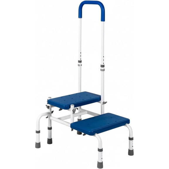AdjustaStep Double-Step Step Stool with Side-Mounted Safety Handle. Adjustable Height. Padded Handle, Non-Slip Steps. Quick, Tool-Less Assembly.