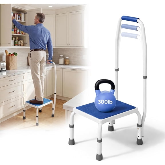 AdjustaStep(tm) Deluxe Step Stool/Footstool with Handle/Handrail, Height Adjustable. Modern White/Blue Design. Padded Non-Slip Handle. 300 lb. Capacity