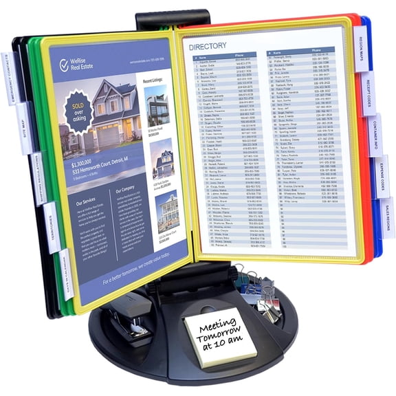 AdjustaView 10-Pocket Desk Reference Organizer with Supplies Storage Base and EZ-LOAD Pockets to Hold 20 Sheets of Paper, Includes Fast Find Indexing Tabs (Colored Pockets)