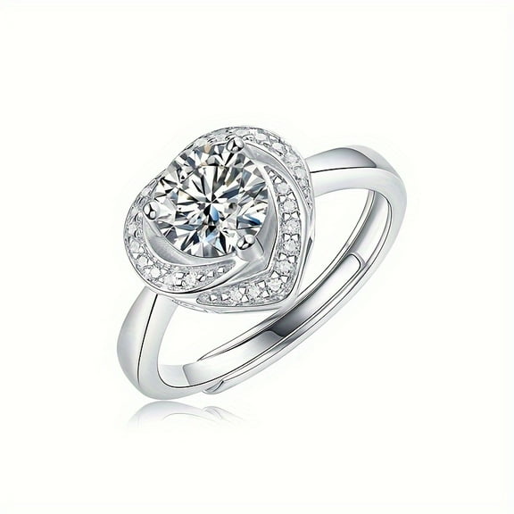 Adjustable 1 Carat Moissanite Ring 925 Sterling Silver Wedding Band For Women, Suitable For Banquet Party Official Occasion, Holiday Valentine's Day Proposal Engagement Wedding Gift