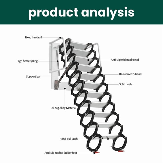 Adjustable 12-Step Pull Down 10FT Wall Mounted Ladder for Loft Home Storage Room Industrial Plant