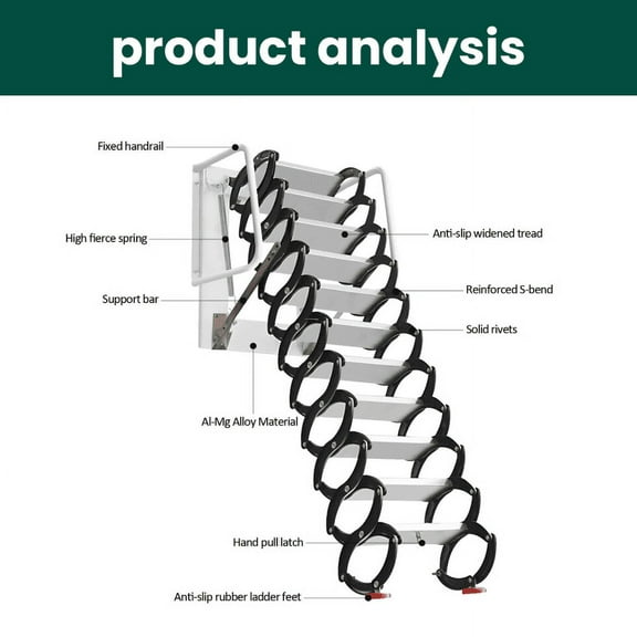 Adjustable 12-Step Pull Down 10FT Wall Mounted Ladder for Loft Home Storage Room Industrial Plant