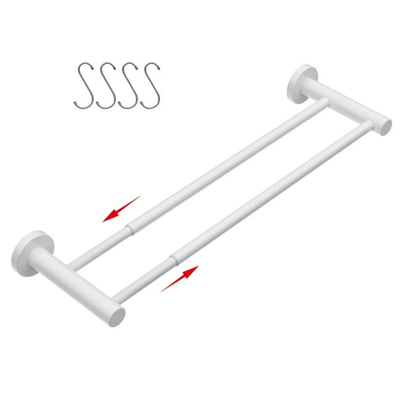 Adjustable 16 to 27.6 Inch Double Bath Towel Bar, ZUEXT Oil Rubbed White Stainless Steel Towel Holder Hanger, Wall Mount Expandable Hand Towel Rod for Bathroom Kitchen, 1" Tube Towel Rail w/ Hooks