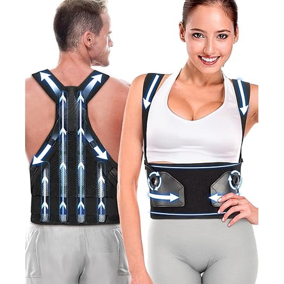 Adjustable 2 in 1 Back Brace and Posture Corrector Breathable for Men & Women, Shoulder Straightener, Upper & Lower Full Back Support for Pain Relief Scoliosis Hunchback ETC. XL