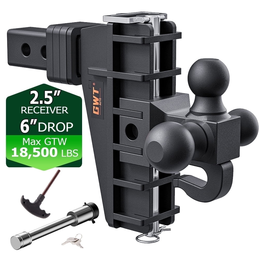 GWTAUTO Adjustable 2.5" Receiver Trailer Hitch 6" Drop Tow Hitch 18500LBS Tri-Ball