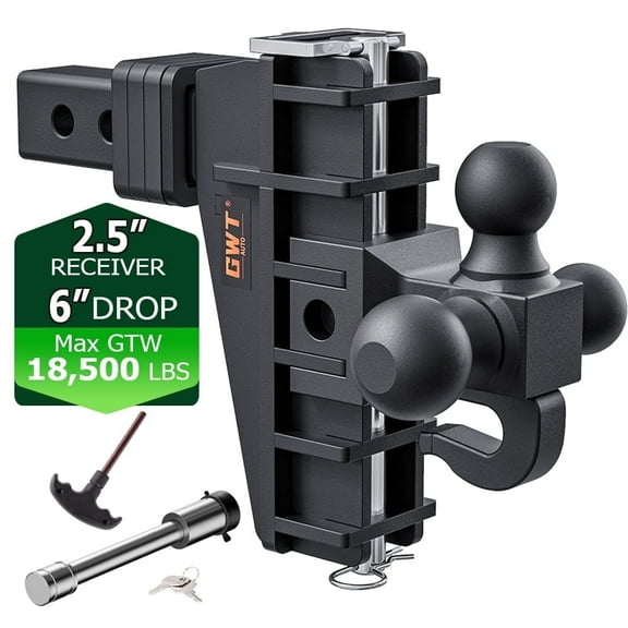 GWTAUTO Adjustable 2.5" Receiver Trailer Hitch 6" Drop Tow Hitch 18500LBS Tri-Ball