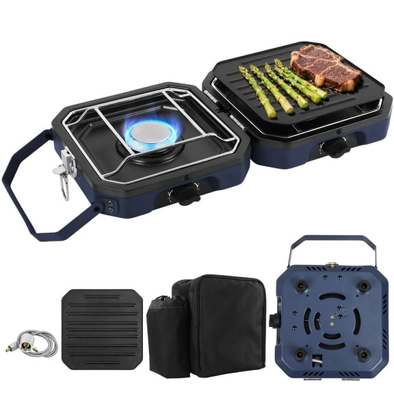 Adjustable 2-Burner Portable Stove with 16000 BTU, with Camping Grill and Carrying Bag, Portable Propane Camp Stove with 2 Burners & Piezo Ignition for Camping, Backyard BBQ,Tailgating (Blue)