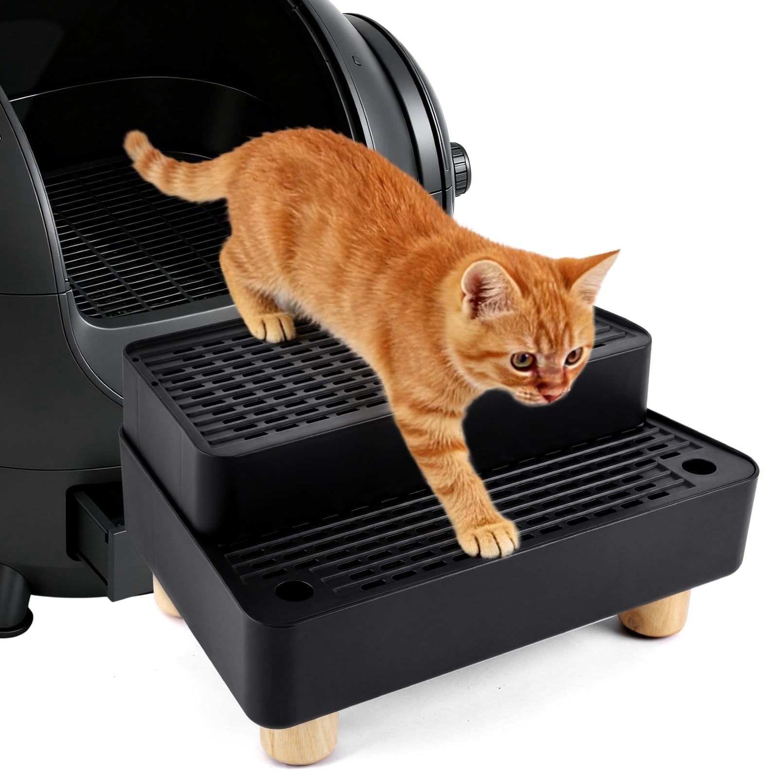 Adjustable 2 Steps Litter Box Ramp  Cat Catcher Mat With Wooden Feet Filter Function Step For Small & Elderly Cats Fits Automatic Boxes (black)