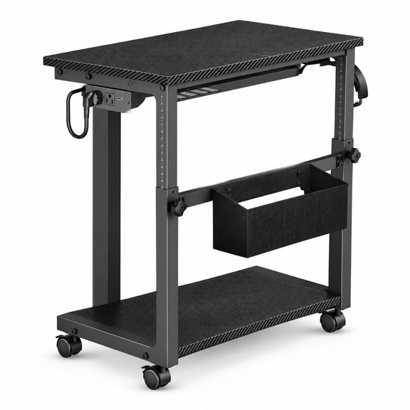 Adjustable 2-Tier Computer Tower Stand with 5-in-1 Power Strip, 18.1"-31.5" Height, Black Metal and Wood Rolling PC Cart for Gaming Setups