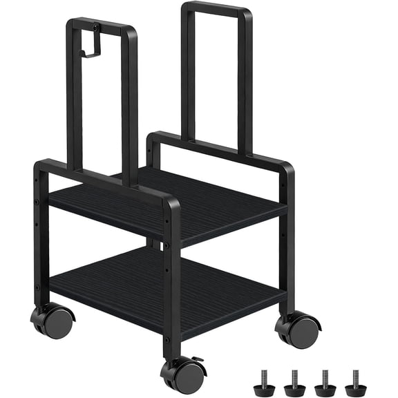 Adjustable 2-Tier PC Stand, Computer Tower Stand with 360° Locking Wheels & Hooks, CPU Cart for Floor, Carpet and Under Desk, 15.2" x 11.8" x 26", Black