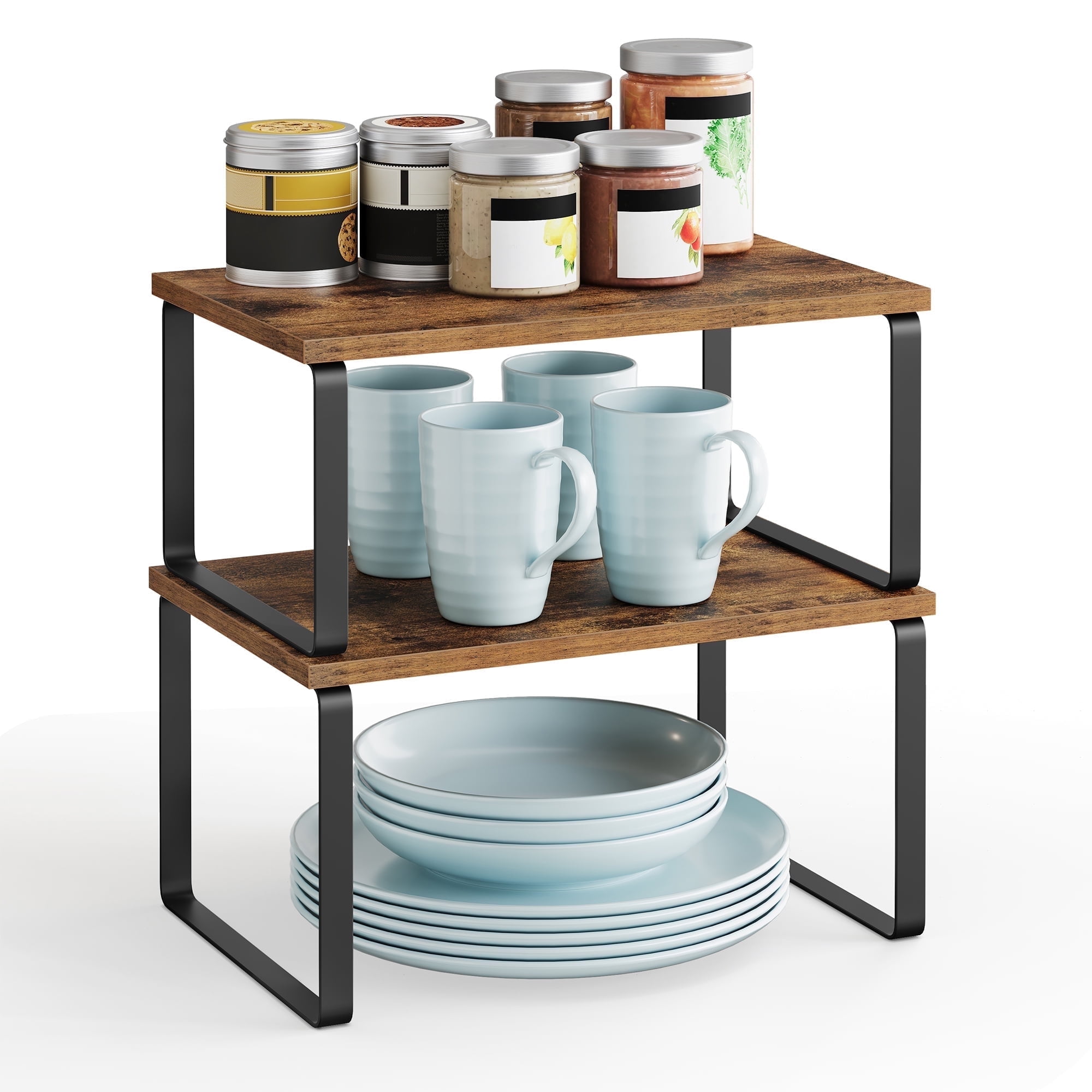 Adjustable 2-Tiers Wood Storage Shelf Unit, Rustic Brown, 2 Pack - Walmart.com