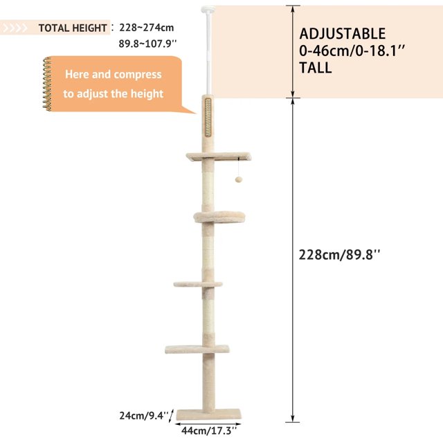 Adjustable 228274cm Height FloortoCeiling Vertical Cat Tree Stable