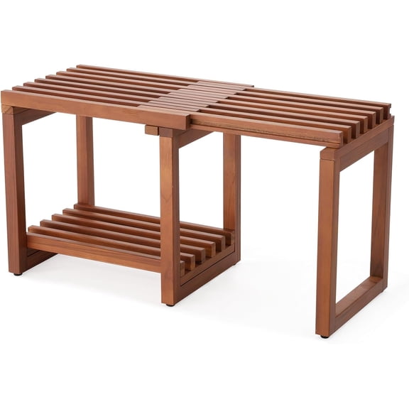 Adjustable 29 Inches Teak Shower Bench Waterproof with Storage Shelf, Solid Wood Shower Stool for Sitting, Shelving Legs and Spa Use, Indoor & Outdoor Use