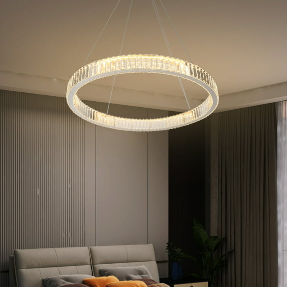 Adjustable 3-Color LED Crystal Chandelier, 31.5Inch Wide Elegant Ring Light, Voltage Stainless Steel & K9 Crystal Modern Ceiling Lamp, Pendant for Home Hotel
