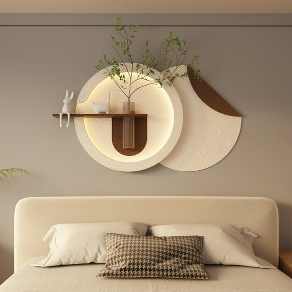 Adjustable 3-Color LED Sandstone Double-Disc Wall Art, 3D Sculpture with Simulated Greenery, Glass Vase & Rabbit Statue, Remote-Controlled Light Strips