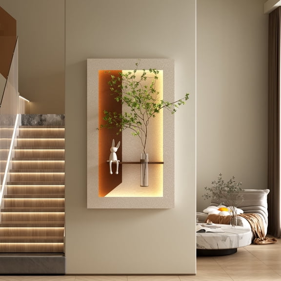 3D LED Sandstone Wall Decor With Artificial Plants Glass Vase And Rabbit Statue