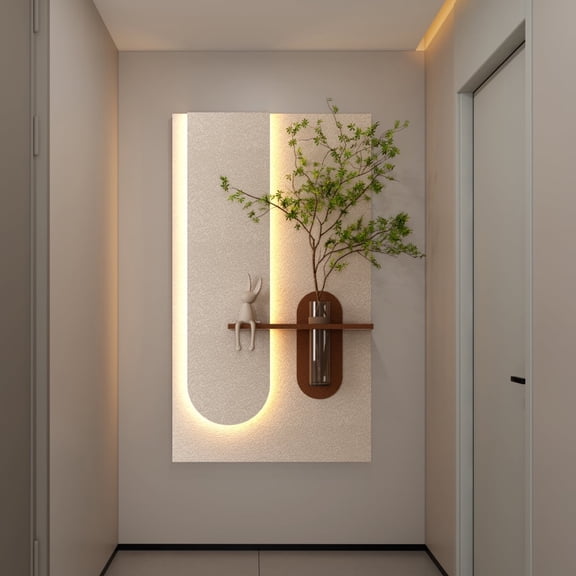 Sandstone 3D Art Sculpture Wall Decor with Adjustable 3-Color LED, Simulated Green Plants, Glass Vase, Rabbit Statue, Remote Control Light Strips