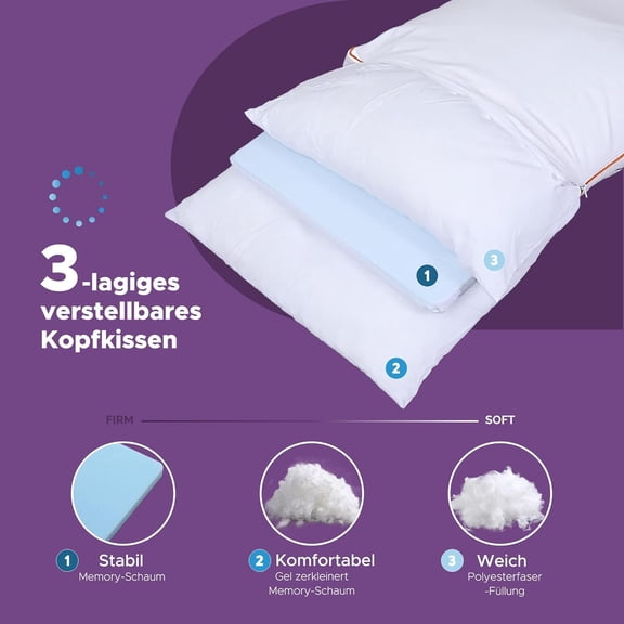 Adjustable 3 Layer Pillows for Sleeping, Queen Size Cooling Memory Foam Bed Pillows for Side Stomach & Back Sleepers Soft Cotton Cover, Washable Removable