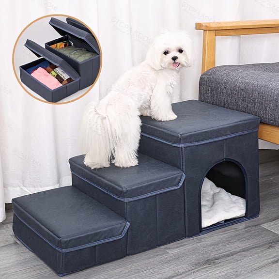 Adjustable 3-Level Pet Ladder with Storage for Small Dogs & Cats, Blue Pet Ramp Steps for High Beds & Sofas