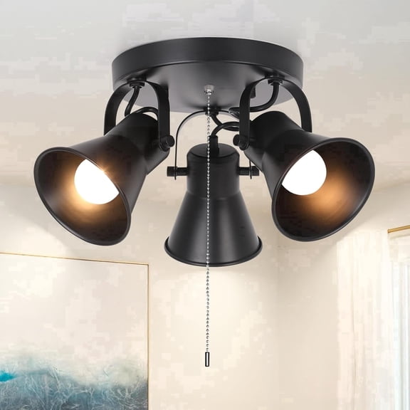 Adjustable 3-Light Track Lighting with Pull Chain Switch, Modern Round Ceiling Lamp for Kitchen Hallway Bathroom, Directional Flush Mount Fixture for Dining Room Bedroom Office.