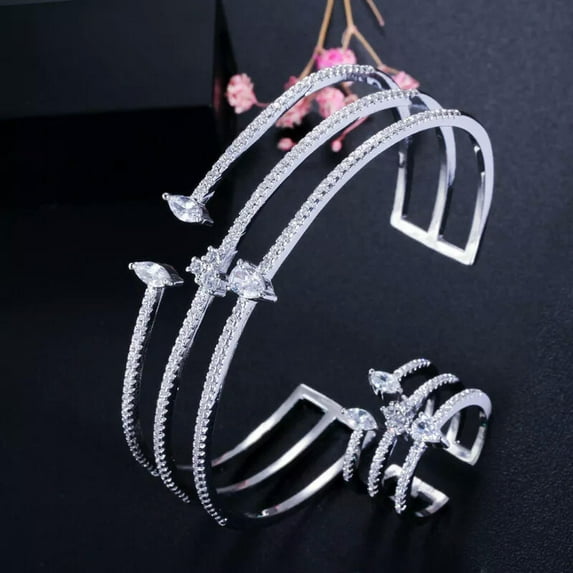 Adjustable 3 Row Micro Pave CZ Round Cuff Bracelet Bangle Open Ring Jewelry Set