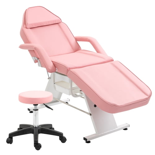 Adjustable 3-Section Massage Facial Tattoo Chair with Dual Trays & Hydraulic Stool, Multi-Purpose Salon Barber Spa Esthetician Bed, Pink Beauty Equipment